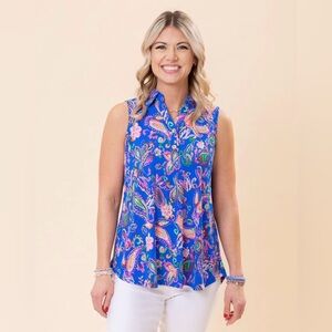 Elegant Blue Paisley Seaspray Sleeveless Blouse